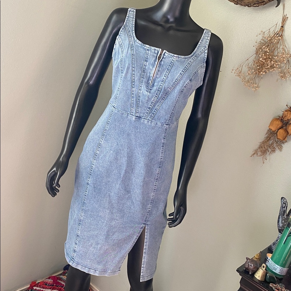 Light Blue Denim Zip-Front Sheath Dress